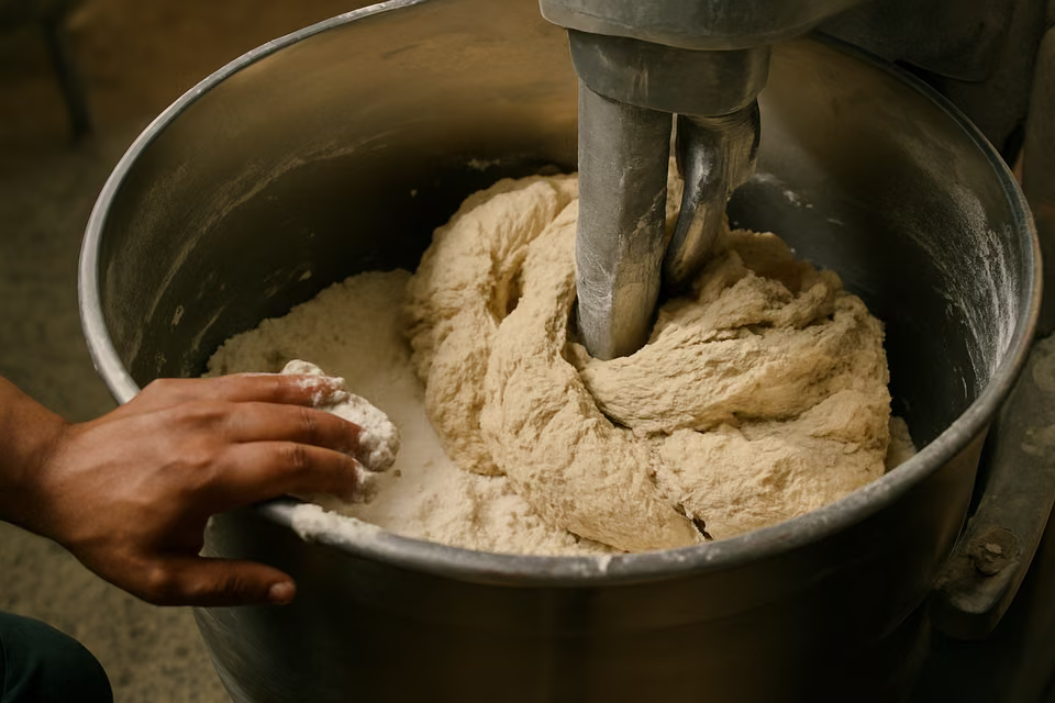 Bagel dough mixing in a steel bowl