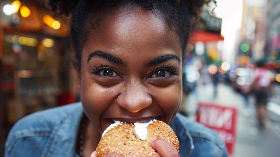 A woman takes a big bite of a bagel on a Harlem street
